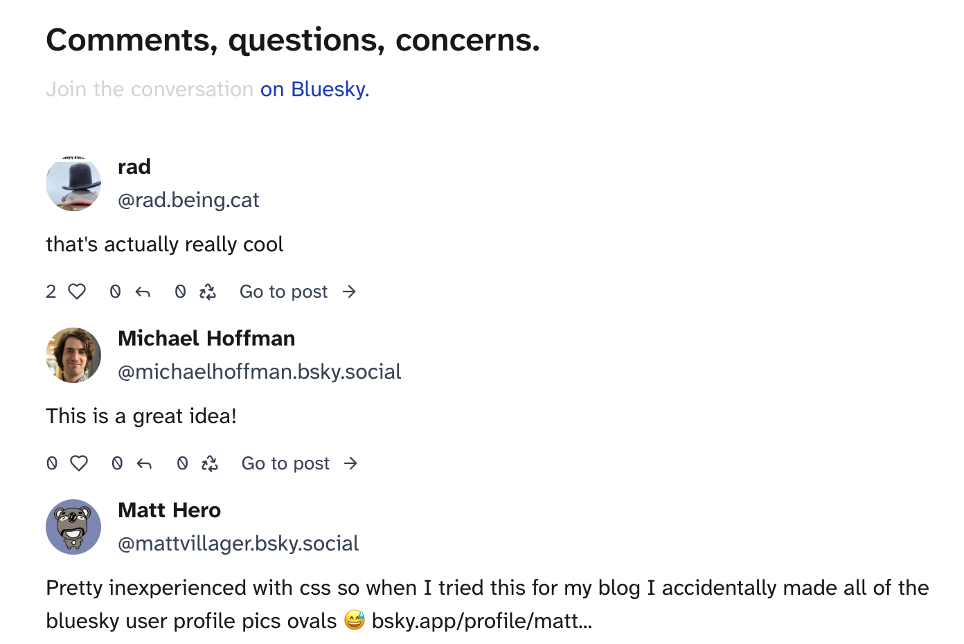 Screenshot of Bluesky comments on natalie's blog.