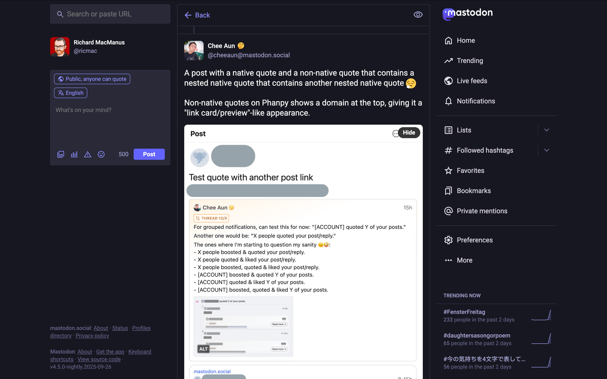 Chee Aun's text: "A post with a native quote and a non-native quote that contains a nested native quote that contains another nested native quote 😮‍💨  Non-native quotes on Phanpy shows a domain at the top, giving it a "link card/preview"-like appearance."