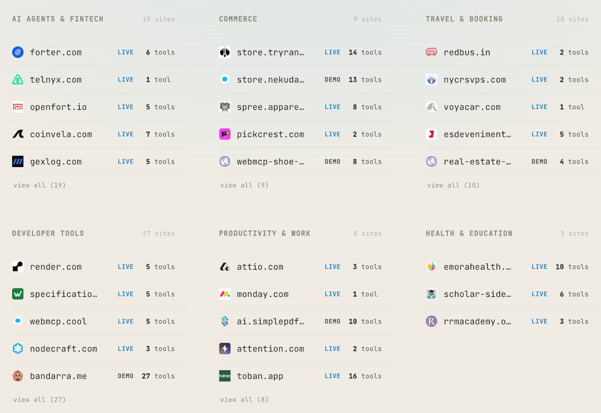 Nekuda's WebMCP directory.